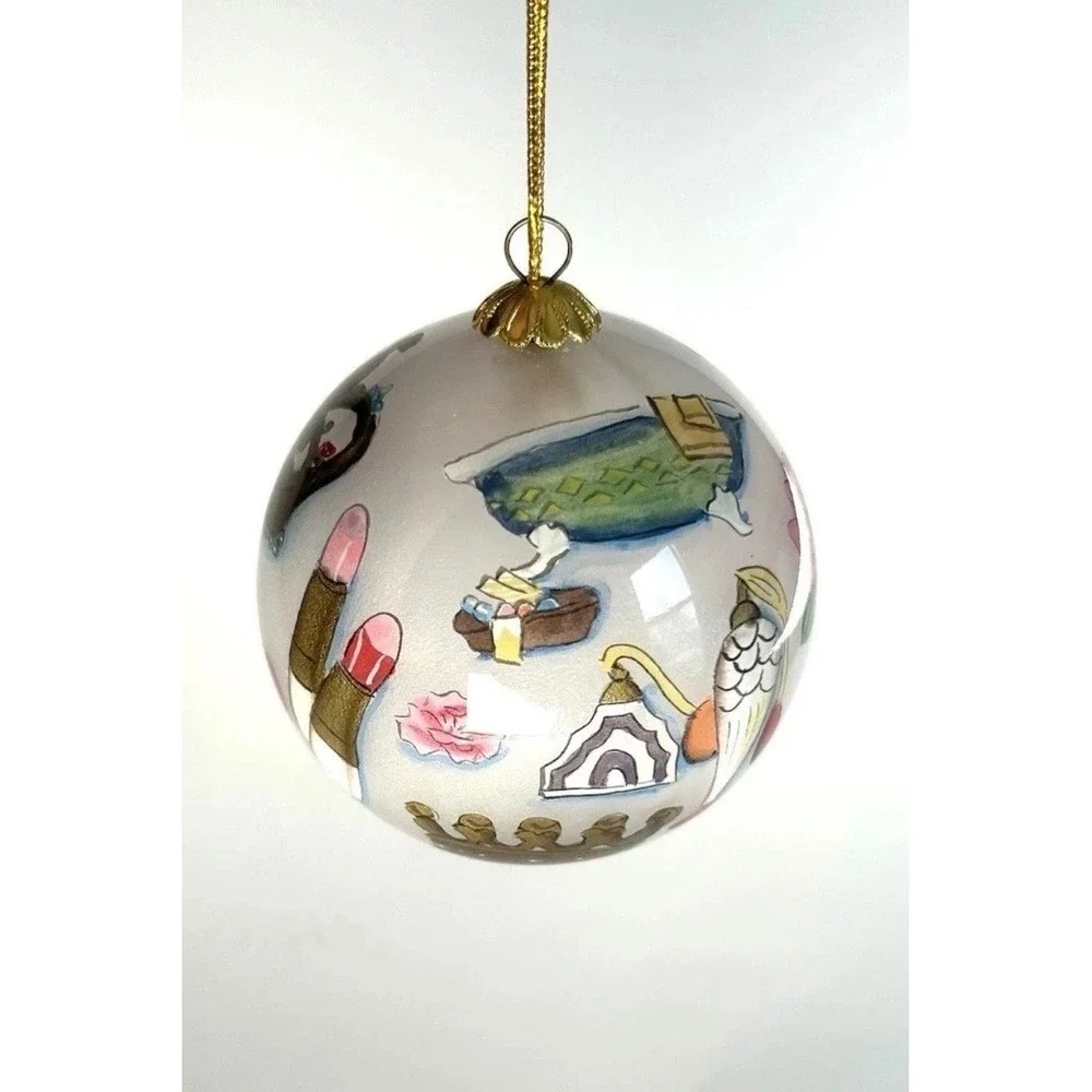 Vintage Dillard's Trimmings Inside Painted Glass Ornament Spa Beauty Roses Box